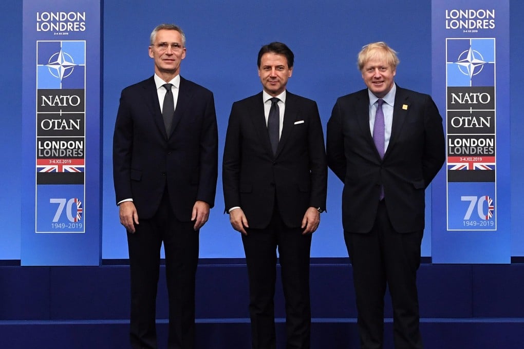 From left, Nato Secretary General Jens Stoltenberg, Italian Prime Minister Giuseppe Conte and British Prime Minister Boris Johnson at the Nato summit in Britain on Wednesday. Photo: EPA-EFE