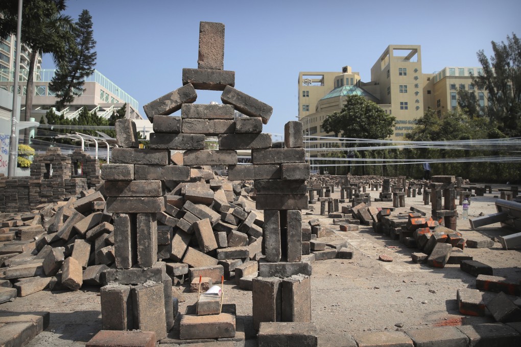 A mock tomb stands amid barricades built by protesters near Baptist University in Kowloon Tong on November 15. Photo: AP