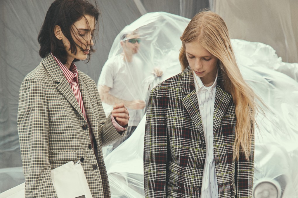 Menswear-inspired plaid jackets from the spring/summer 2020 collection of fashion label Plan C, whose founder and creative director, Carolina Castiglioni, is the daughter of former label Marni’s co-founder Consuelo Castiglioni.