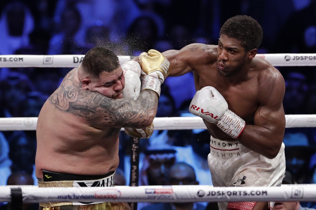 Defending champion Andy Ruiz Jnr is on the end of a huge right hand from Anthony Joshua. Photo: AP