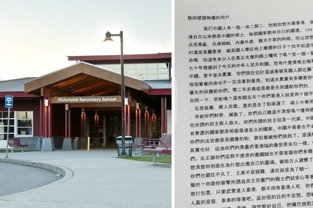 Richmond Secondary School in British Columbia, Canada, and a copy of an anonymous letter to a pupil that branded the Hong Kong protests “evil”. Photos: Twitter