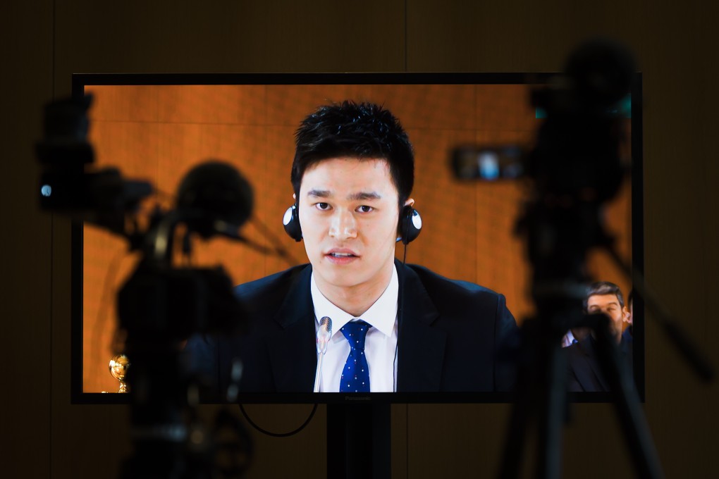 Chinese swimmer Sun Yang seen on a video screen as he speaks during his public hearing at the Court of Arbitration for Sport (CAS) in November. Photo: AP