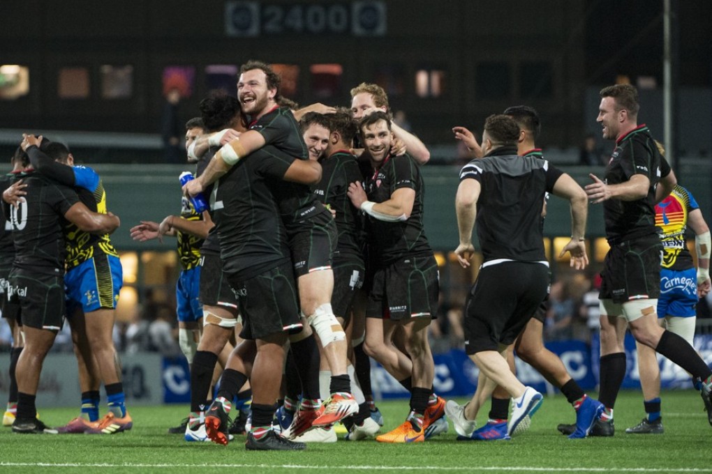 Biarritz Gavekal celebrate their victory over Samurai International at this year’s HKFC Rugby Tens. Photo: August Liu/Clique Visuals