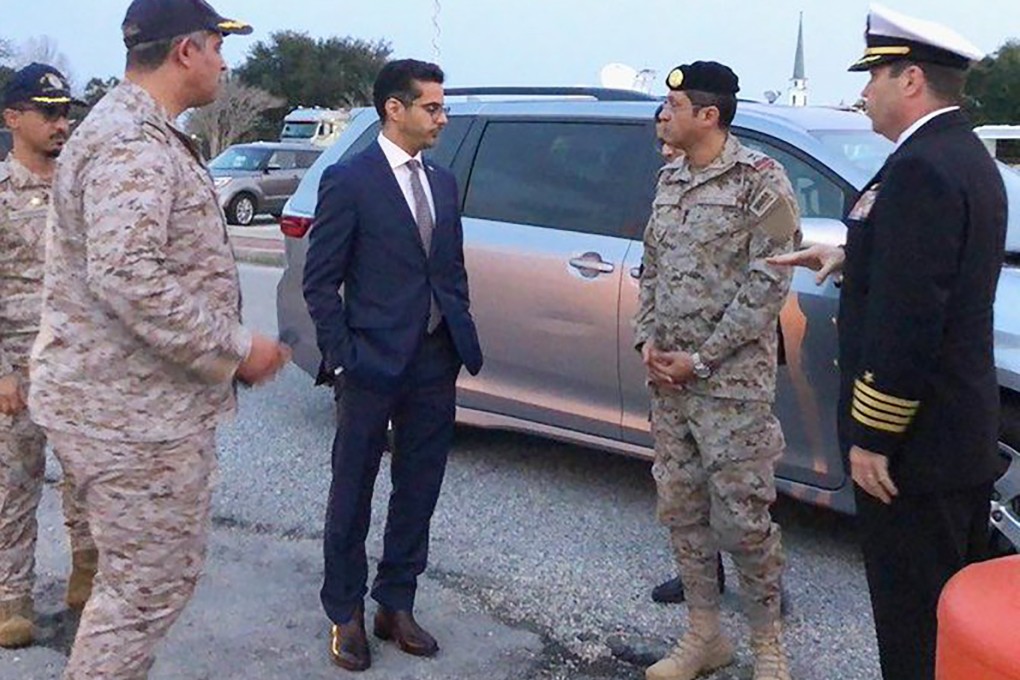 Saudi Arabia Defence Attaché Major General Fawaz Al Fawaz (second from right) meets Saudi students at the Pensacola base in Florida on Monday. Photo: FBI via AP