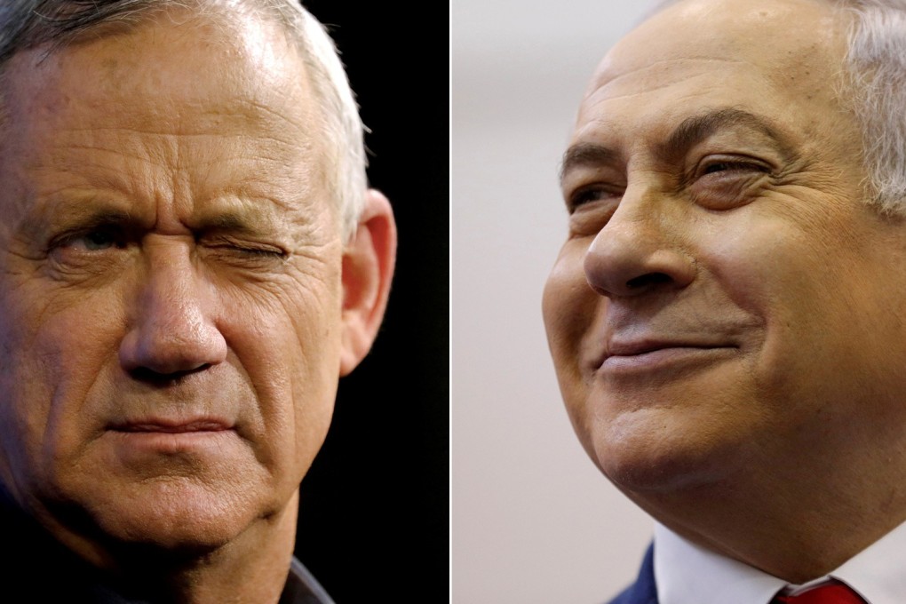 Benny Gantz (left), leader of Blue and White party, at an election campaign event in Ashqelon and Prime Minister Benjamin Netanyahu. Photos: Reuters