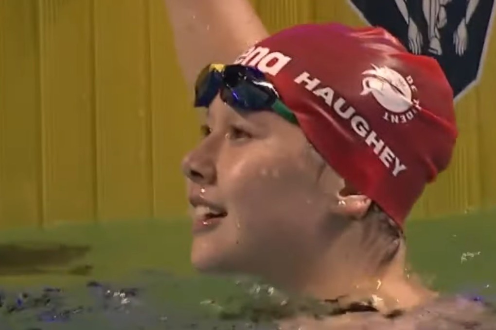 Siobhan Haughey after winning the 200m women’s butterfly in leg three at College Park, Maryland. Photo: ISL