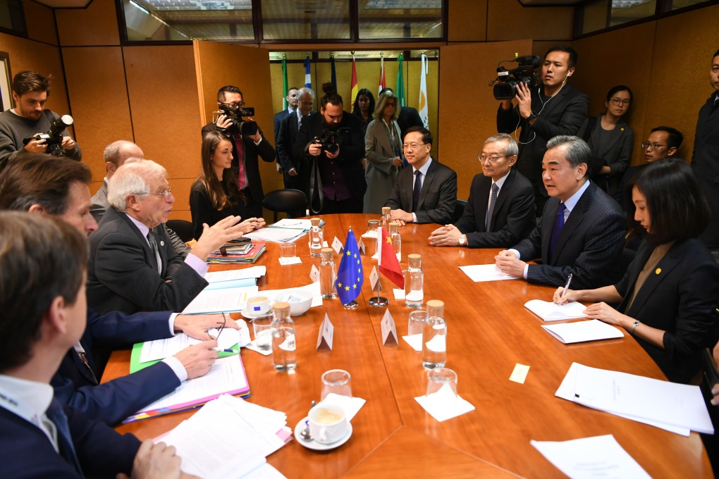 The EU foreign policy chief Josep Borrell (third from left) and his delegation meet with the Chinese delegation led by foreign minister Wang Yi (second from right) on the sidelines of the Asem foreign ministers’ meeting in Madrid, Spain, on December 15. Photo: Xinhua