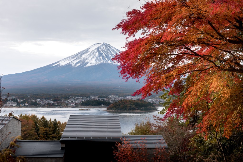 A view of Mount Fuji from a luxury hotel on a hillside overlooking Lake Kawaguchi. Photo: Hoshinoya Fuji Hotel
