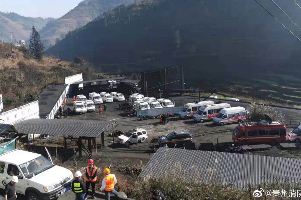 Rescuers arrive to search for two people trapped in Guanglong coal mine in Guizhou province after an explosion claimed the lives of 14 miners. Photo: Weibo