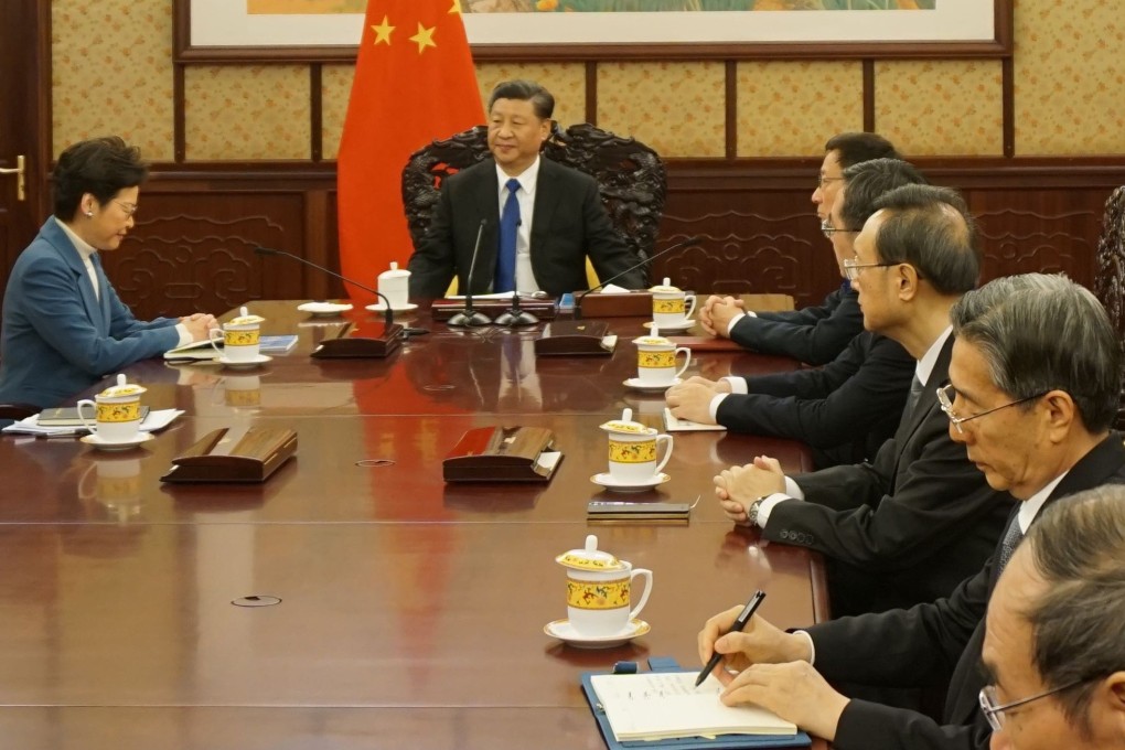 Domestic security chief Guo Shengkun (second from right) was among the top officials attending Hong Kong Chief Executive Carrie Lam’s annual briefing with President Xi Jinping on Monday. Photo: Pool photo from Wen Wei Po