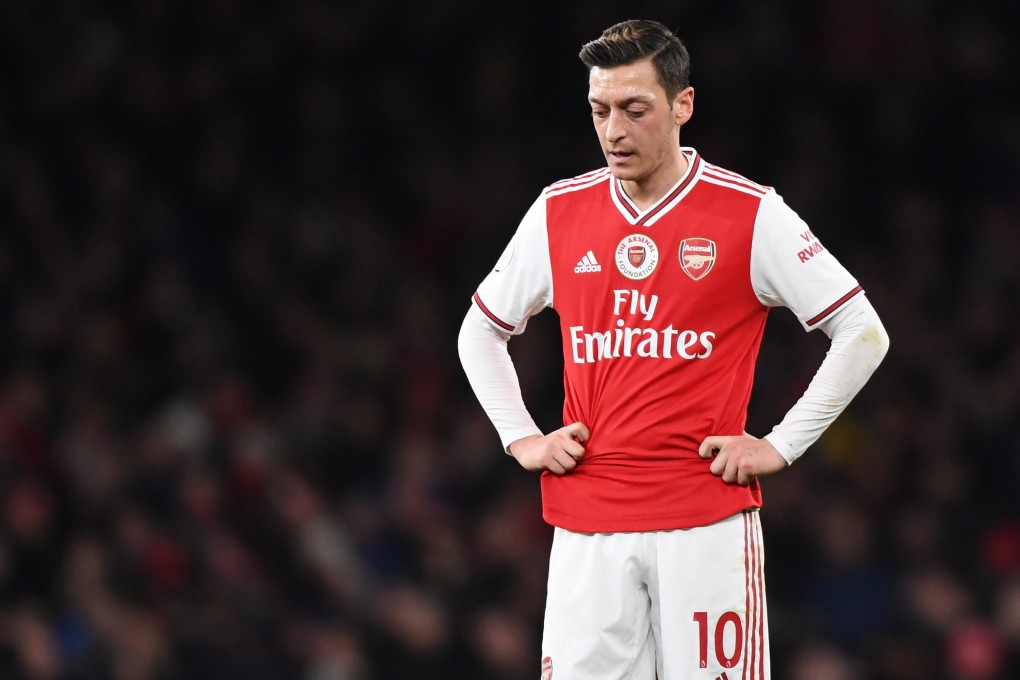 Arsenal's Mesut Ozil takes a breather during the English Premier league soccer match between Arsenal and Manchester City in London on Sunday. Ozil has a new fan in US Secretary of State Mike Pompeo, who has praised his criticism of China concerning its treatment of Uygurs in Xinjiang. Photo: EPA-EFE