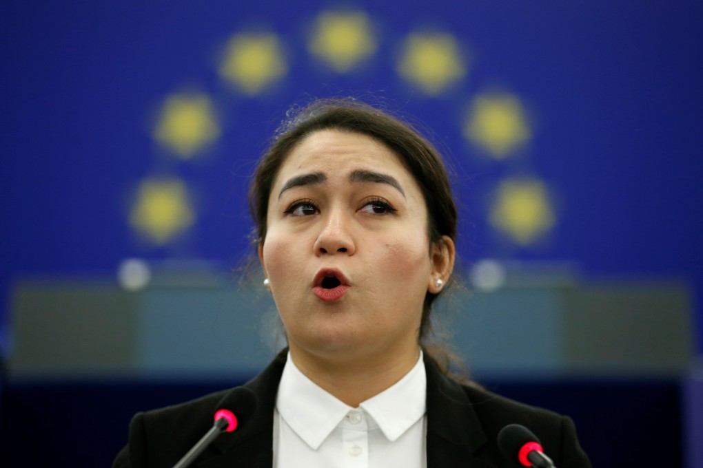 Jewher Tohti, daughter of activist Ilham Tohti, delivers a speech during the award ceremony for his 2019 Sakharov Prize at the European Parliament in Strasbourg, France on Wednesday. Photo: Reuters