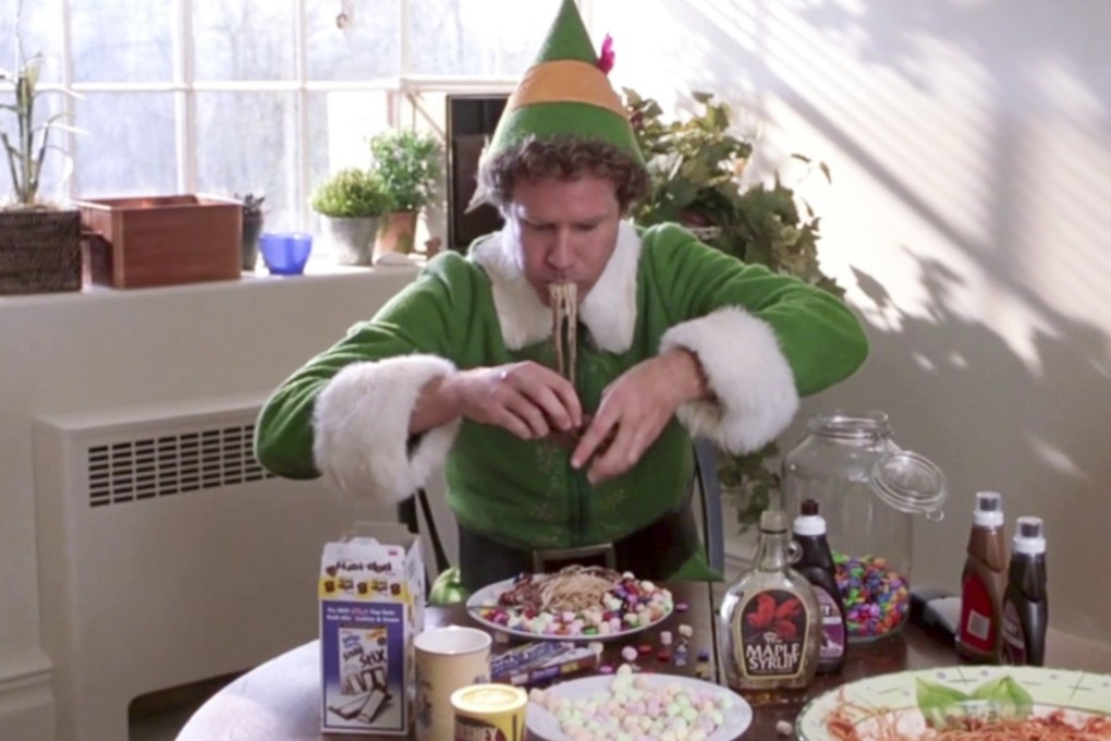 The scene from the movie Elf, where Buddy, played by Will Ferrell, tucks into a delicious dish of spaghetti breakfast.