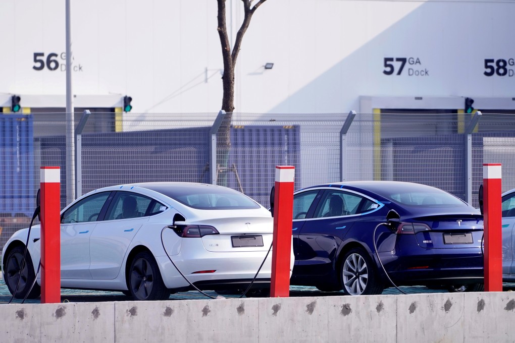 China-made Tesla Model 3 electric vehicles are seen parked at the US carmaker’s new Gigafactory in Shanghai on December 2. Photo: Reuters