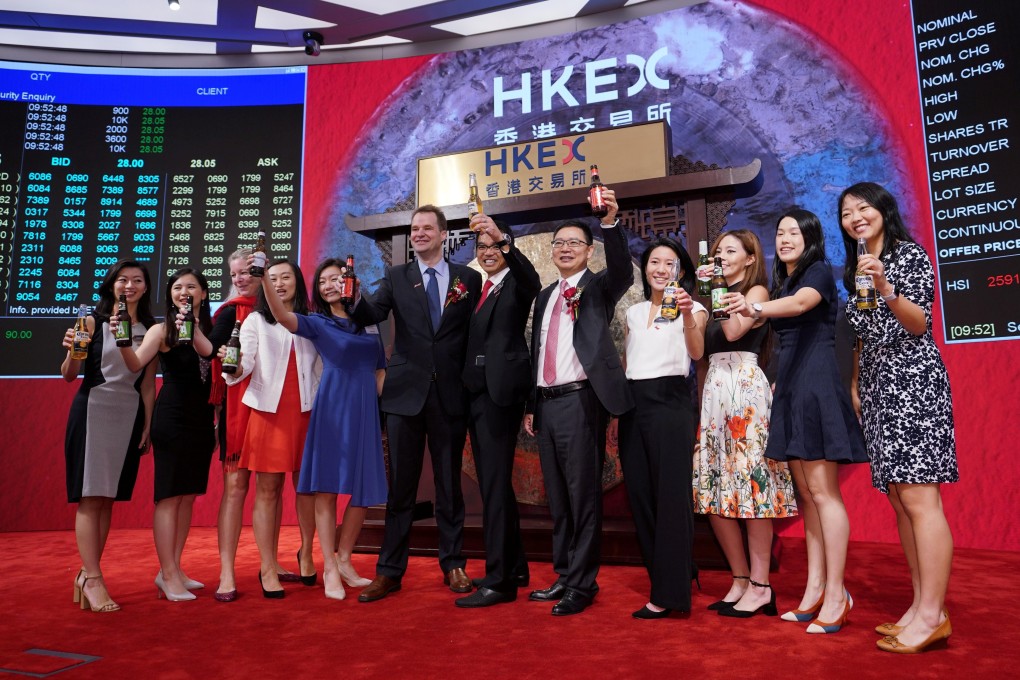Executives from Budweiser Brewing Company APAC celebrate the beer maker’s mega listing in Hong Kong in September. Photo: Reuters