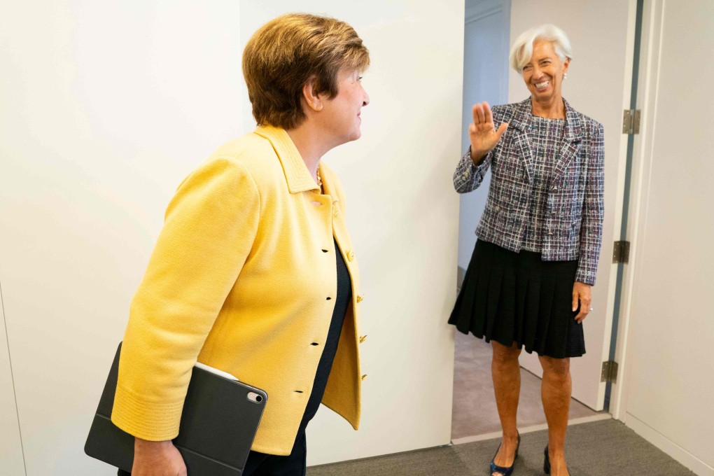 Then International Monetary Fund managing director Christine Lagarde (right) waves from her office in Washington on September 20 after meeting her successor Kristalina Georgieva. The anachronistic “gentlemen’s agreement” that has kept an American in charge of the World Bank and a European in charge of the IMF has proved resilient. Photo: AFP