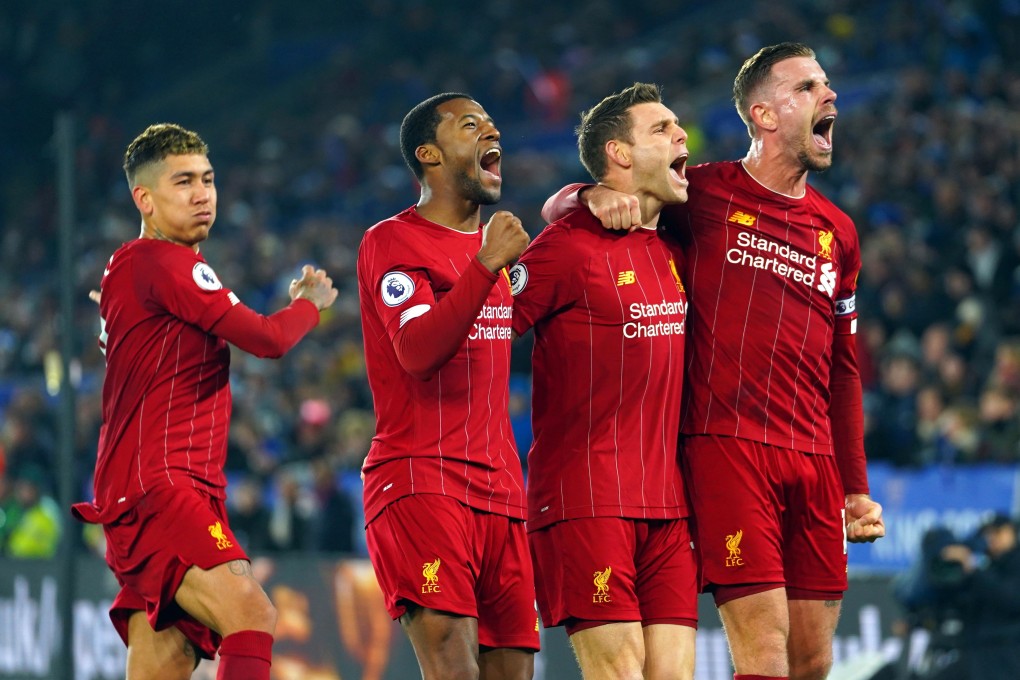 Liverpool players celebrate during the English Premier League win over Leicester City at the King Power Stadium. Photo: EPA