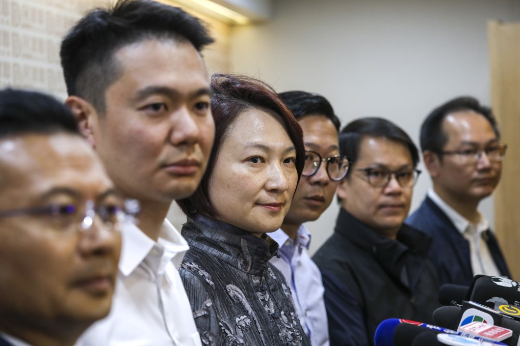 Starry Lee, Democratic Alliance for the Betterment and Progress of Hong Kong chairwoman (centre) meets members of the press with other party members the day after the district council elections. Photo: Robert Ng