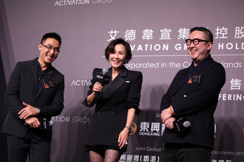 From left: Activation Group’s co-chairman and chief executive officer, Steve Lau Kam-yiu, actress Carina Lau Kar-ling and Bao Yifeng, general manager of public relations at the media briefing on its listing plan on December 30, 2019. Photo: Nora Tam