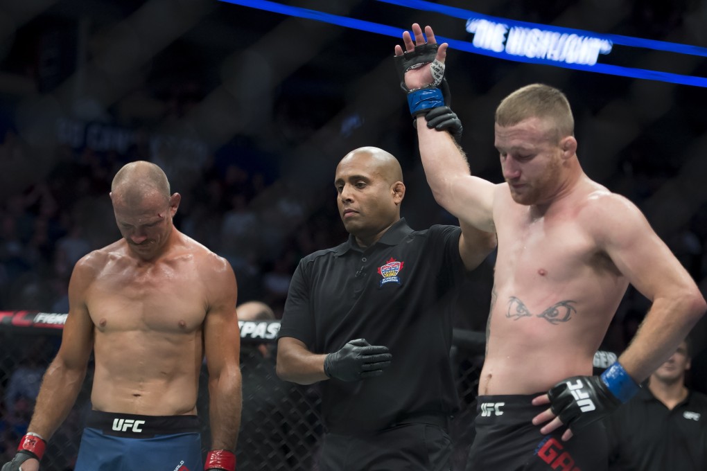 Justin Gaethje celebrates his win over Donald ‘Cowboy’ Cerrone. Photo: AP