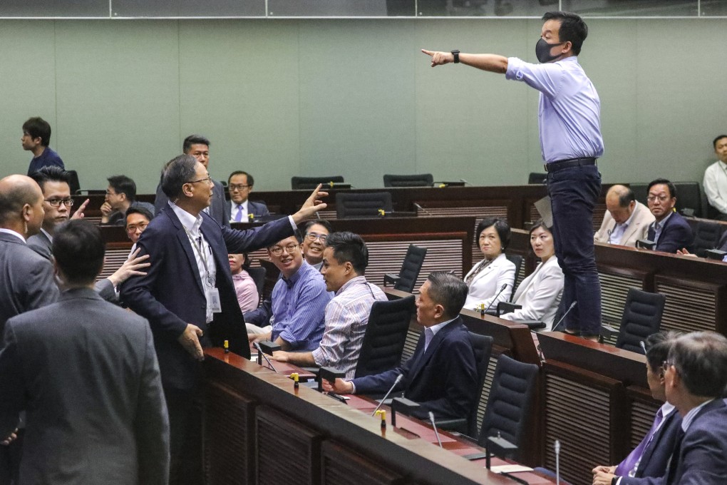 Lawmaker Raymond Chan Chi-chuen (right) takes a strong stand during the election of the chairman of the Legislative Council’s finance committee on October 14. Across two days, pro-democracy lawmakers raised repeated procedural questions and tried to delay the proceedings. Photo: May Tse