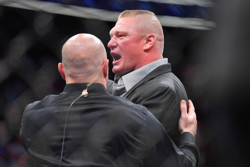 Brock Lesnar challenges Daniel Cormier after Cormier’s heavyweight championship fight against Stipe Miocic at T-Mobile Arena on July 7, 2018 in Las Vegas. Photo: AFP
