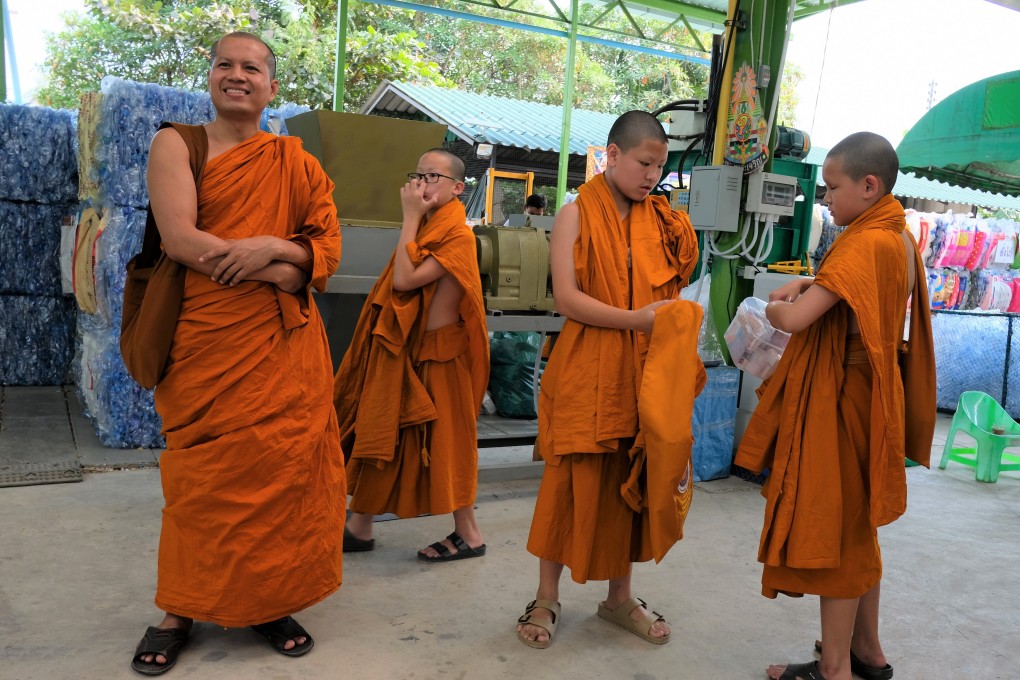 The robes that monks in a temple in Thailand are wearing are made from plastic bottles – a recycling initiative set up by acting abbot Phra Maha Pranom Dhammalangkaro. Photo: Tibor Krausz