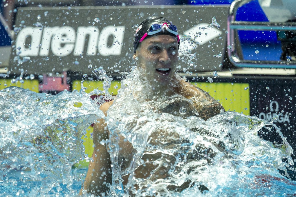 Caeleb Dressel of the USA celebrates after winning the men’s 100m butterfly gold at the 2019 world championships. Photo: EPA
