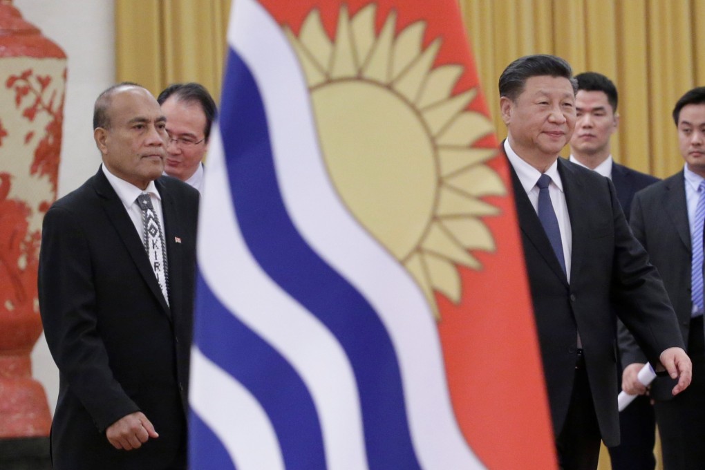 Kiribati’s President Taneti Maamau and Chinese President Xi Jinping at a welcoming ceremony at the Great Hall of the People in Beijing on Monday. Photo: Reuters