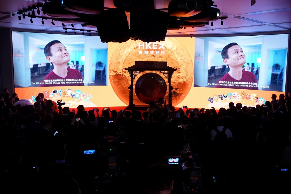 Alibaba’s founder Jack Ma is seen on the screen at Alibaba Group’s listing ceremony at the Hong Kong stock exchange on November 26, 2019. Photo: Reuters