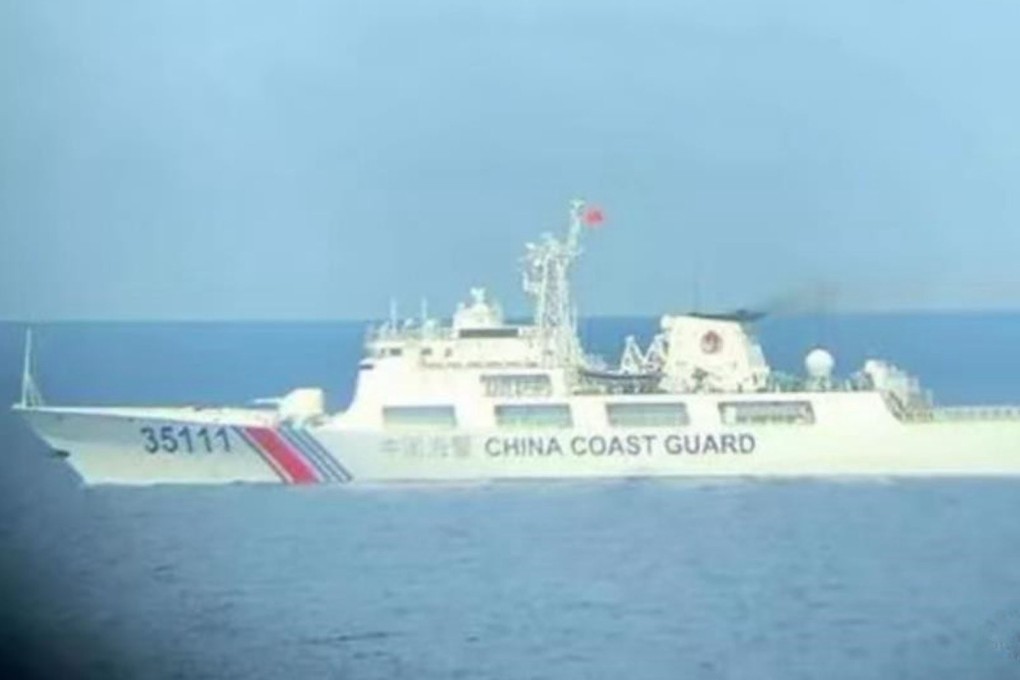 According to a US analyst, Chinese coastguard cutter CCG35111 is one of two vessels from the service heading south from Fiery Cross Reef. Photo: Twitter
