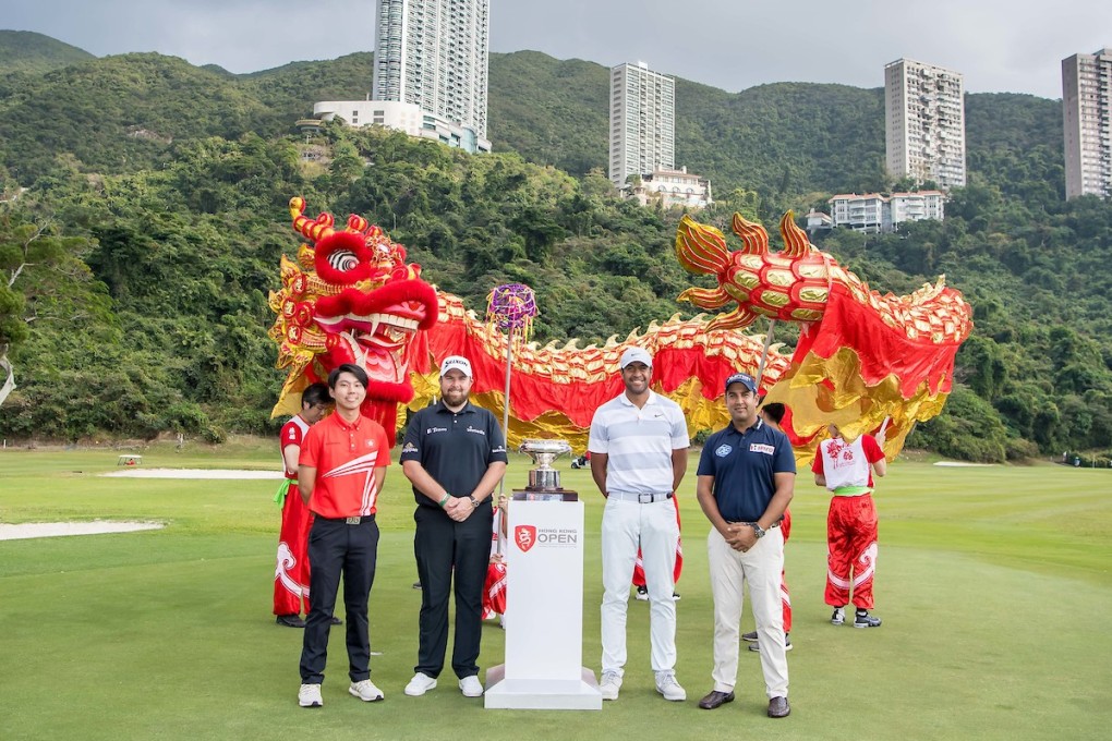 Tony Finau (second from right) with (from left) Hong Kong’s Terence Ng, Ireland’s Shane Lowry and India’s Shiv Kapur ahead of the Hong Kong Open at Fanling. Photo: Ike Li / Ike Images