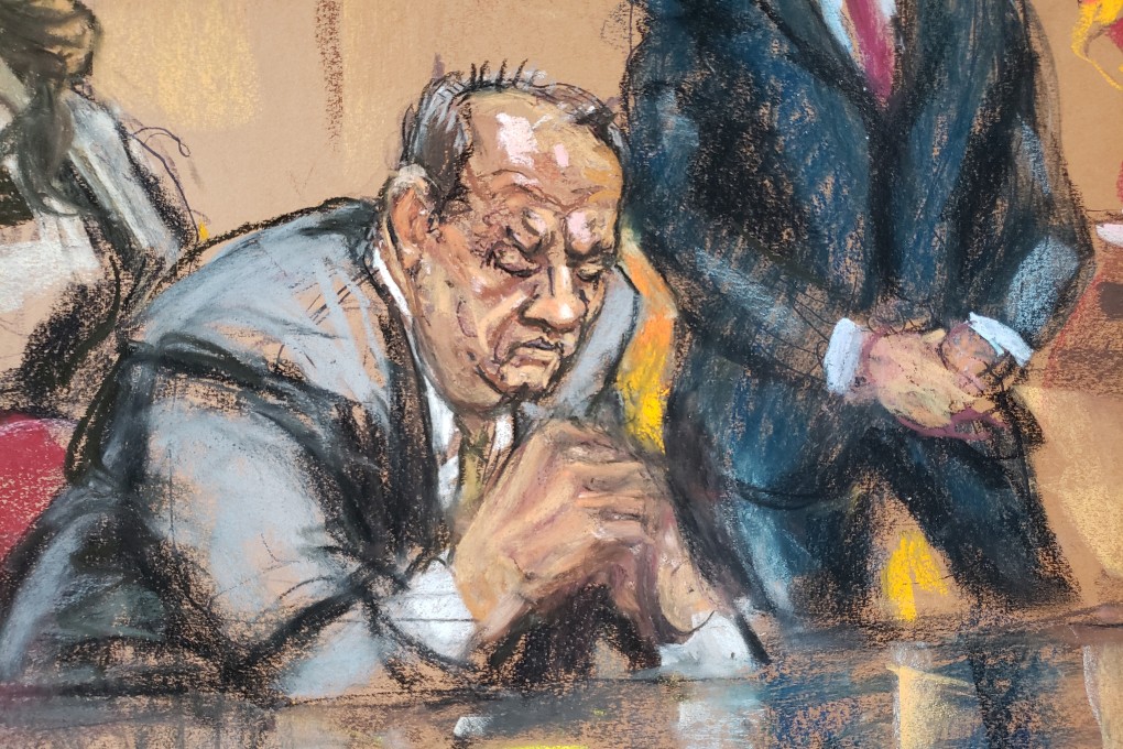 A courtroom sketch of Harvey Weinstein sitting beside his lawyers as jury selection got under way Tuesday for his sexual assault trial in New York. Image: Jane Rosenberg via Reuters