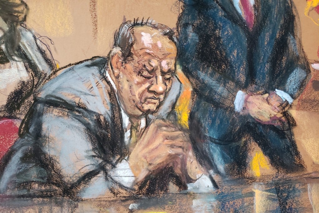 A courtroom sketch of Harvey Weinstein sitting beside his lawyers as jury selection got under way Tuesday for his sexual assault trial in New York. Image: Jane Rosenberg via Reuters