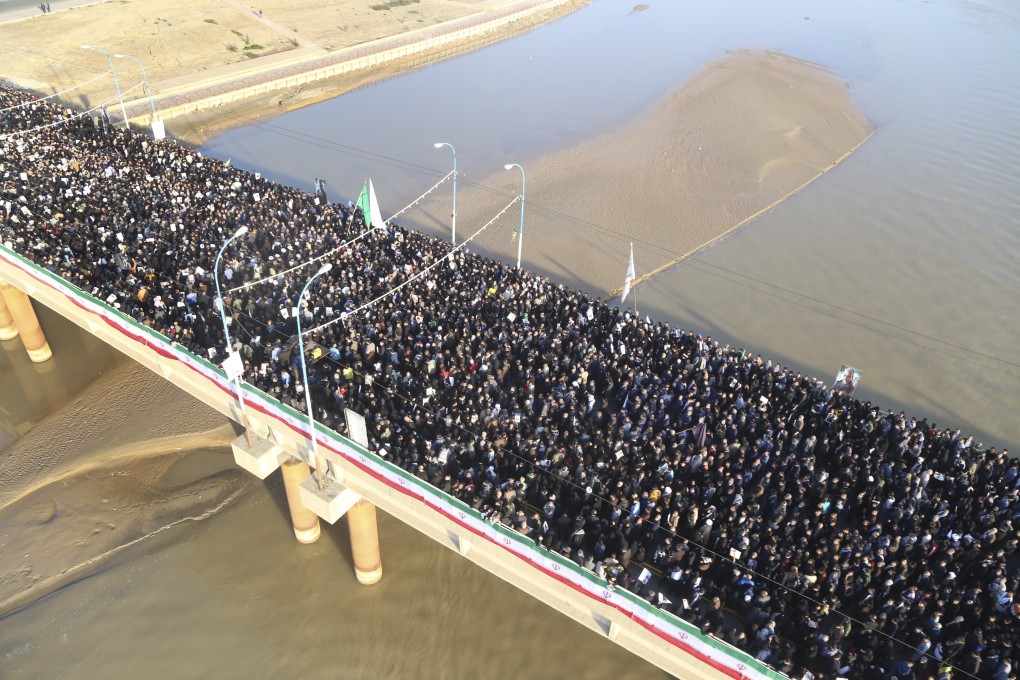 Mourners attend a funeral ceremony for General Qasem Soleimani, who was killed in Iraq in a US drone strike, in the southwestern city of Ahvaz, Iran. Photo: AP