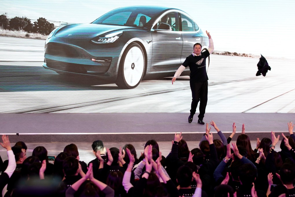 Tesla CEO Elon Musk dancing onstage during a delivery event for Tesla China-made Model 3 cars in Shanghai, China January 7, 2020. Photo: Reuters