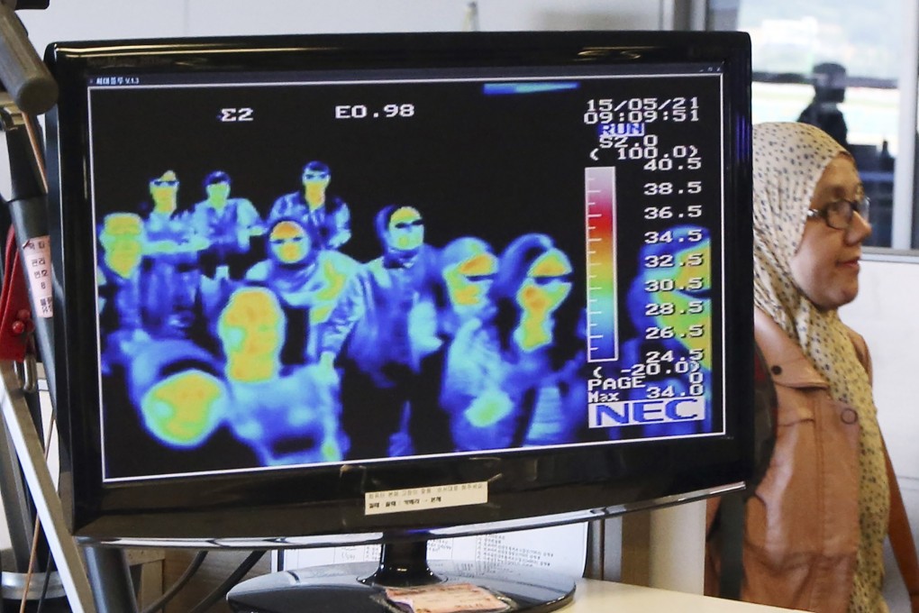 A thermal camera monitor shows the body temperature of international passengers arriving at the Incheon International Airport in South Korea. File photo: Yonhap via AP