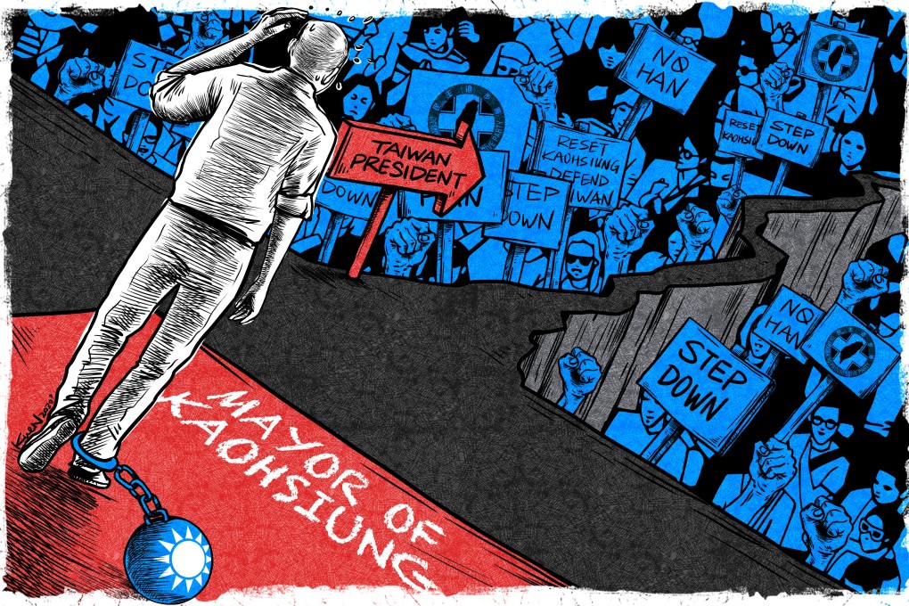 The embattled ‘runaway mayor’ is dividing opinion, while his mainland-friendly party is beset by division and being outmanoeuvred by Tsai Ing-wen’s DPP. Illustration: Lau Ka-kuen