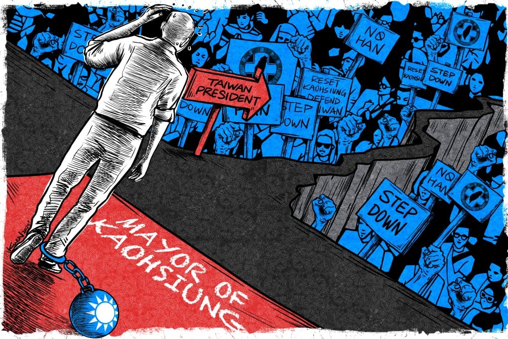 The embattled ‘runaway mayor’ is dividing opinion, while his mainland-friendly party is beset by division and being outmanoeuvred by Tsai Ing-wen’s DPP. Illustration: Lau Ka-kuen