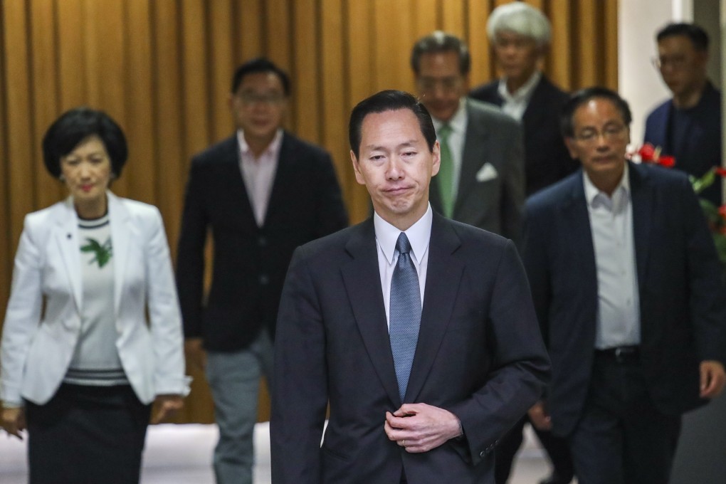 Non-official convenor of the Executive Council Bernard Chan is followed by other Exco members as they meet the media at the government’s headquarters in Tamar, Admiralty, on July 22, after a night of violence around Hong Kong on July 21. Photo: Nora Tam