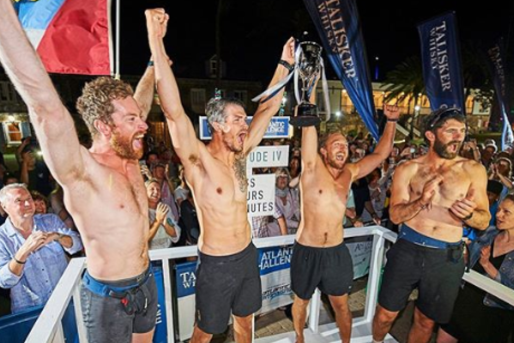 From right: Hugh Gilum, Max Breet, Oliver Palmer and Tom Foley win the Talisker Whisky Atlantic Challenge 2019. Photo: Ben Duffy