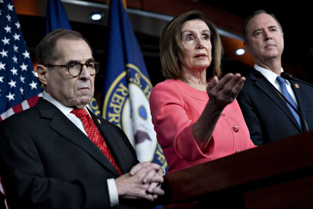 US House Speaker Nancy Pelosi as congressmen Adam Schiff (right) and Jerry Nadler listen during a news conference in Washington on Wednesday. Photo: Bloomberg
