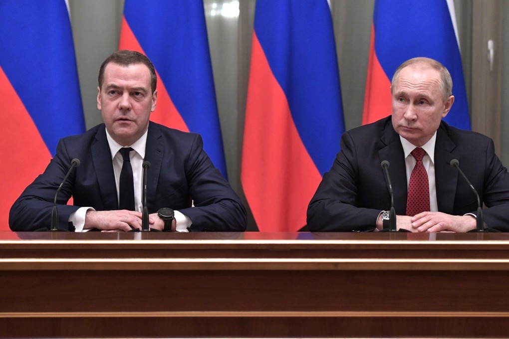Russian Prime Minister Dmitry Medvedev, left, and Russian President Vladimir Putin on Wednesday. Medvedev quit after Putin gave a nationally televised speech in which he proposed amending the constitution to grant parliament the ability to appoint the prime minister. Photo: Kremlin via dpa