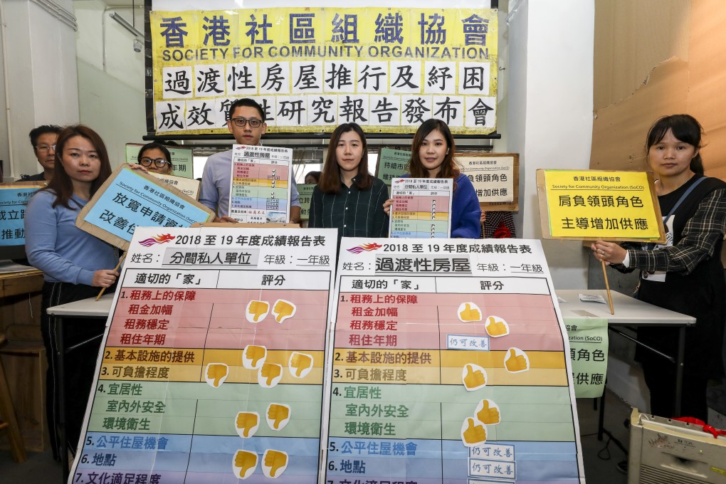 Transitional housing resident Ng Siu-dan (left) and Society for Community Organisation (SoCO) community organiser Esther Wu (centre) at SoCO’s press conference on transitional housing. Photo: Xiaomei Chen