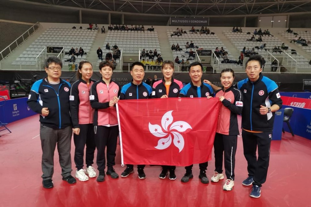 Hong Kong table tennis players Minnie Soo (second left), Doo Hoi-kem and Lee Ho-ching (second right) with their coaches. Photo: HKTTA