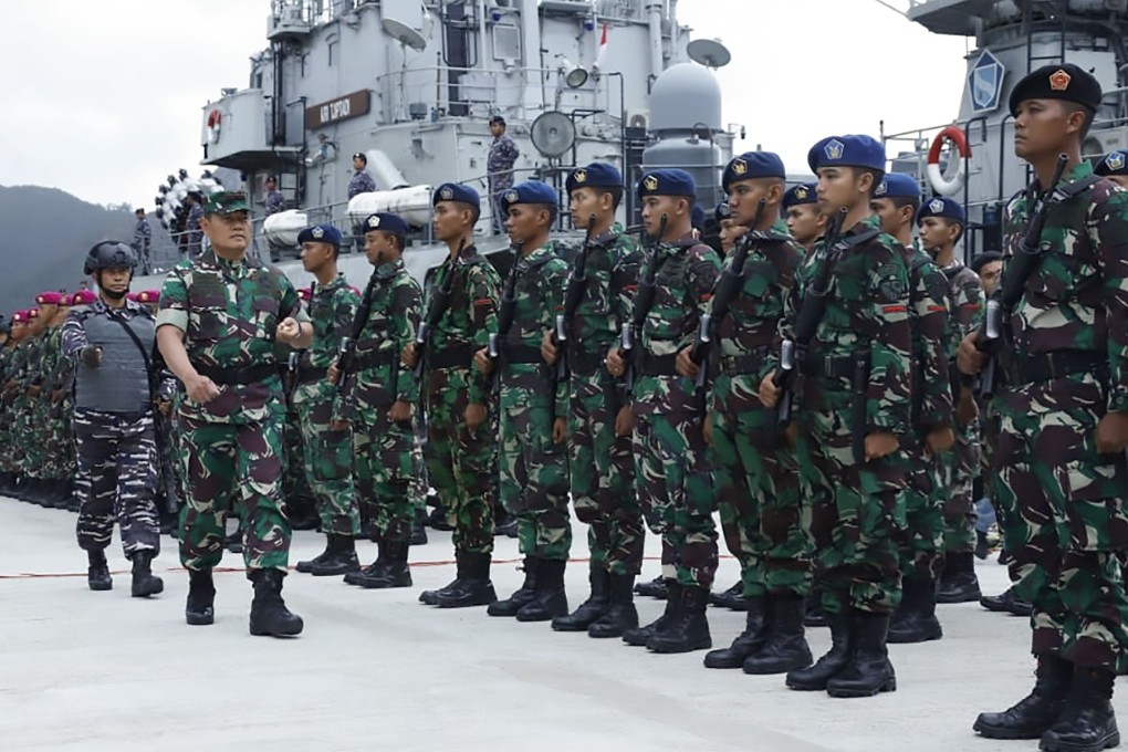 Indonesian troops undergo inspection at Natuna military base in the Riau islands. Photo: Handout