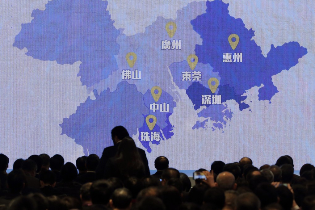A screen shows a map of Greater Bay Area during a symposium in Hong Kong on February 21, 2019. The region is set to transform the traditional manufacturing hub into an economic powerhouse on its own to rival the Silicon Valley in the US. Photo: AP