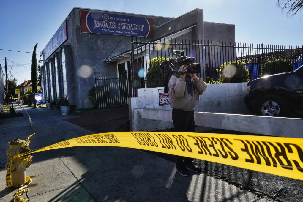 An area around the Kingdom of Jesus Christ Church in Los Angeles is closed off with crime scene tape on Wednesday. Photo: AP