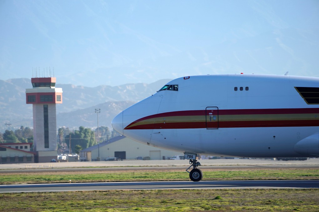 An aircraft chartered to evacuate Americans from Wuhan arrives at March Air Reserve Base in California on Wednesday. Photo: Reuters