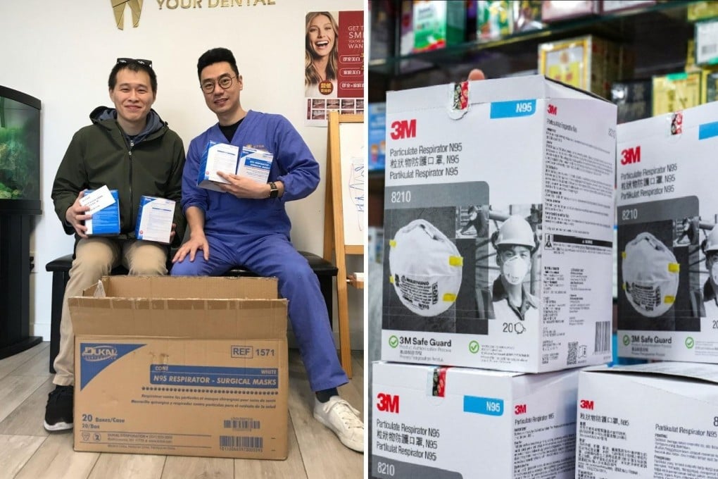 Donor Anthony Tsui (left) hands over 400 N95 face masks to Chen Jianghao in Vancouver on Tuesday. Photo: Chen Jianghao